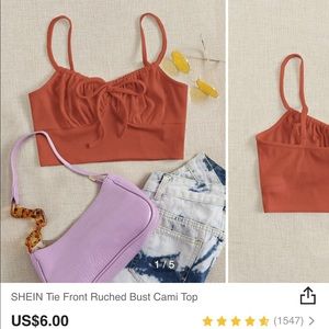 shein tie front ruched bust cami top